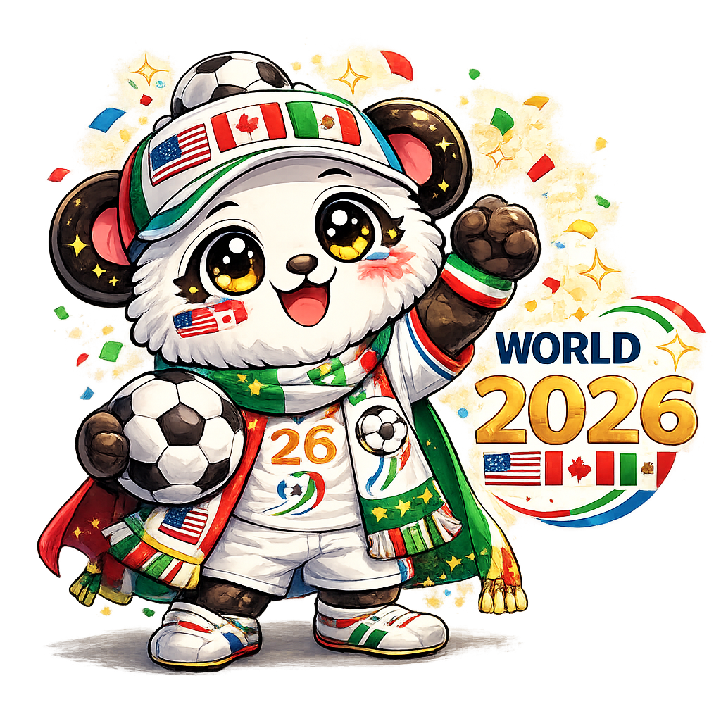 WM 2026 Maskottchen - süßer Panda mit Fußball und internationalen Flaggen